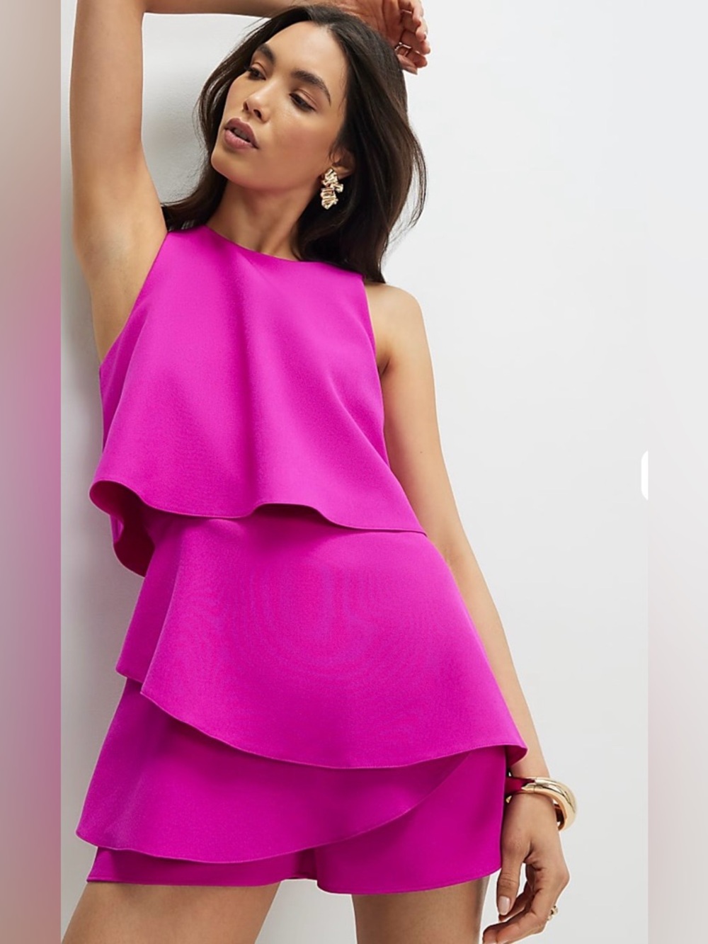 Chicme Women  Layered Skort One Piece Romper Sz L Hot Pink Tiered Summer